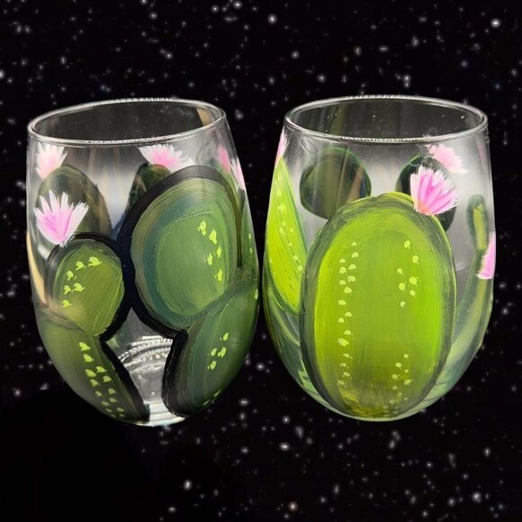 Vintage Libbey Glassware Painted Tumbler Glasses Cactus w Flowers Hand Painted 2 - Picture 9 of 9